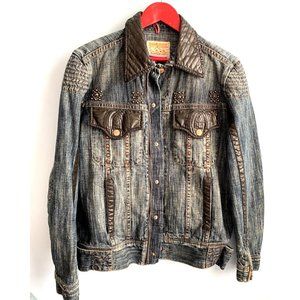 Parasuco Denim Cult Jean Jacket LEATHER Accents  Biker Rhinestones Mens Medium